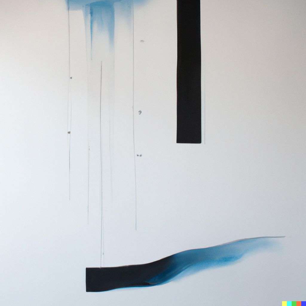 minimalist painting of the discovery of gravity in black, white, grey and blue paint on canvas